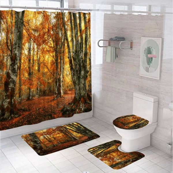 Cortinas de ducha 4 PCS Acción de Gracias Cortina de baño Conjunto de la naturaleza del paisaje Bosque del parque de otoño Autumn Bath Cover Carpet Alfombra