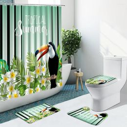 Rideaux de douche 4pcs rideau de plante tropicale toucan fleur aquarelle feuilles vertes de salle de bain ensemble de tapis de toilette