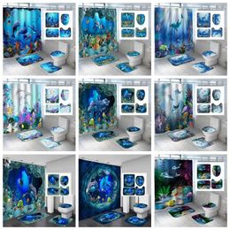 Rideaux de douche 4pcs lavables 3D Blue Ocean Dolphin Playing Imperproping Fabric Curtain Anti-Slip Carpet Toilet Cover Tobs