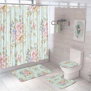 Cortinas de ducha 4 piezas de acuarela de baño rosa bañera de baño floral cortina de alfombra sin desliz