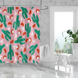 Rideaux de douche 90gsm rideau en polyester 183x183cm étanche et résistant à la moisissure avec fond rose à crochet Impression de cactus vert