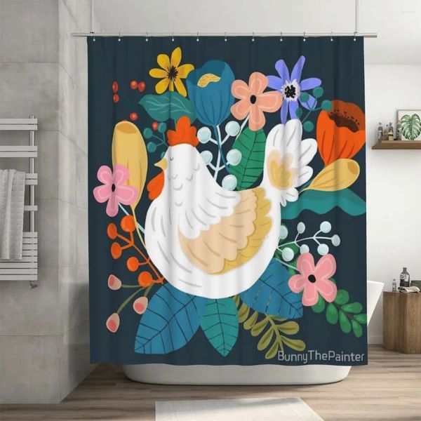 Rideaux de douche Un poulet joyeux dans un rideau de jardin ensoleillé 72x72 pouces avec crochets, décor de salle de bain à motif DIY