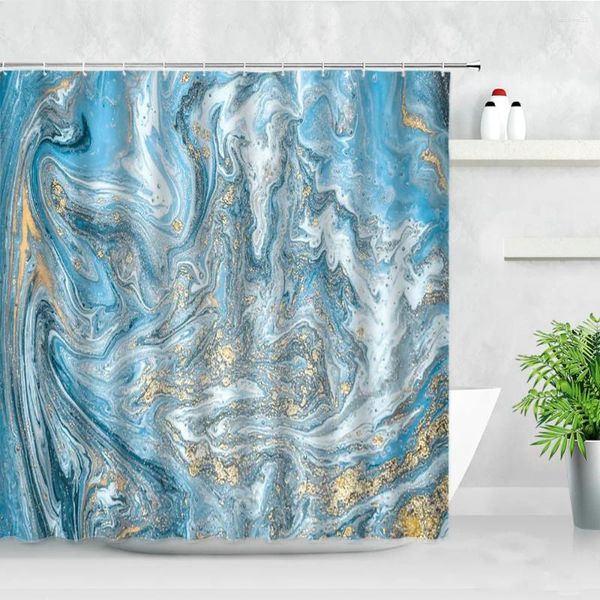 Rideaux de douche abstrait art marbre bleu doré motif blanc créatif imprimement de salle de bain tissu tissu suspendu rideau avec crochets