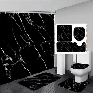 Rideaux de douche abstraits en marbre noir ensemble motif de crépitement blanc moderne de décoration de salle de bain géométrique de salle de bain tapis de bain couverture de toilette