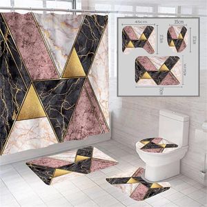 Douchegordijnen Abstract Geometrisch Marmeren Gordijn Set Badmat Wc-deksel Gouddraad Inkttextuur Moderne Luxe Huis Badkamer Decoratie