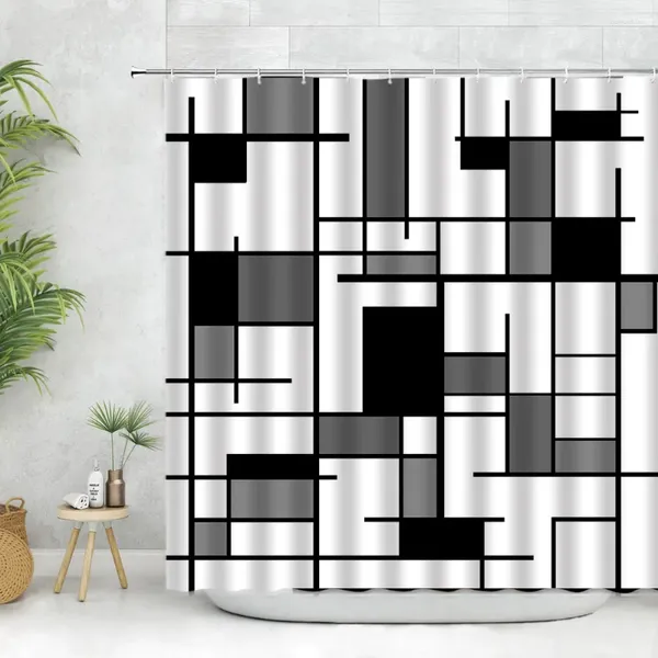 Rideaux de douche Rideau de géométrie abstraite Noir et blanc Motif simple Salle de bain pour adolescents Garçon Filles Baignoire Décor Tissu Crochets