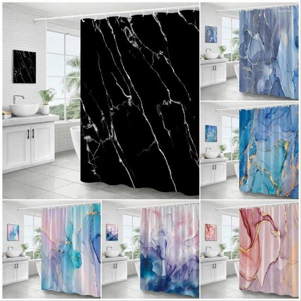 Cortinas de ducha Cortina de mármol abstracto Negro Azul Tinta rosa Arte Geométrico Moderno Lujo Hogar Decoración de baño Tela con ganchos