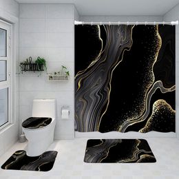 Douchegordijnen Abstract marmeren douchegordijn set gouden lijnen zwart grijs patroon moderne luxe thuis badkamer decoratie antislip tapijt wc deksel 230726