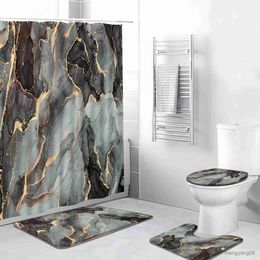 Rideaux de douche Texture de marbre abstrait rideaux de douche noir gris pierre Grain motif de fissure décor à la maison tapis de salle de bain couverture de tapis en forme de U R230830