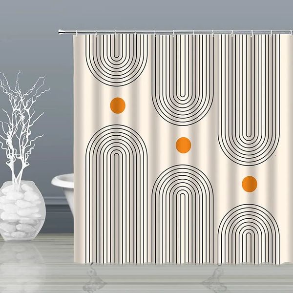 Rideaux de douche Abstrait mi-siècle rideau de douche arc soleil lune minimaliste courbe géométrique rayures tissu paysage de noël Bth rideau crochet 231025