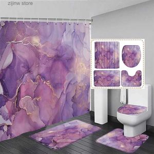Rideaux de douche Ensemble de rideau de douche en marbre violet abstrait, aquarelle moderne, Art d'encre, maison, salle de bains, tapis de sol décoratif, tapis de bain, couvercle de toilette Y240316