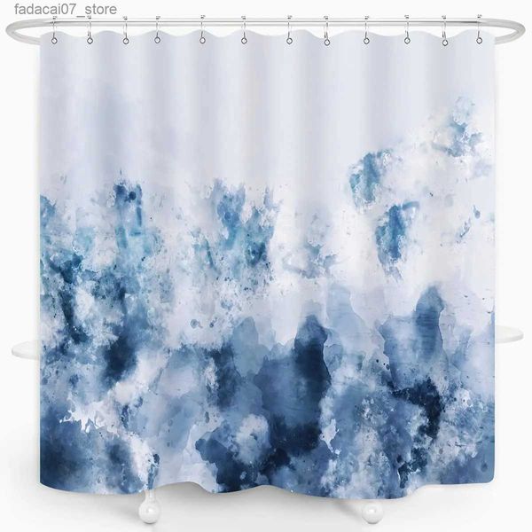 Rideaux de douche Abstrait aquarelle bleu rideau de douche océan argent gris blanc froid moderne Art peinture maison salle de bain décor tissu imperméable Q240116