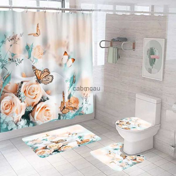 Rideaux de Douche Ensemble de Rideau de Douche Floral esthétique Rose Rideau de Douche Papillon Multicolore Tapis de Sol antidérapants Salle de Bain décorative s