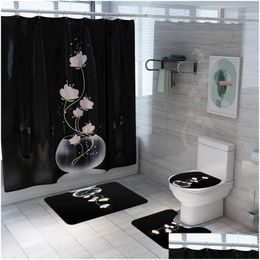 Douchegordijnen Esthetisch Lotus Gordijn Vloermat 4 stuks / set Badkamer Toilet Er Creatief Waterdicht Partitie1 Drop Delivery Home Dhbys