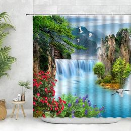 Rideaux de douche esthétique montagne eau paysage océan pleine lune forêt cascade paysage plante florale salle de bain décor