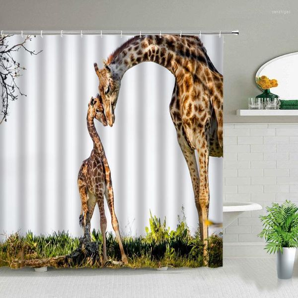 Cortinas de ducha África Animal Jirafa Baño Tela impermeable Impresión Blanco Bañera Decoración Paño Cortina de baño Conjunto con ganchos