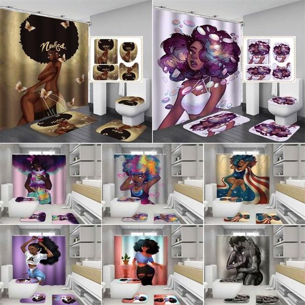 Rideaux de douche Rideau africain Afro Mignon Sexy Fille noire Salle de bain Américain Loli Tapis antidérapants Tapis de couverture de couvercle de toilette Carpet212o