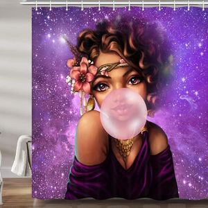 Rideaux de douche fille afro-américaine afro noire gomme en galaxie violet baignoire
