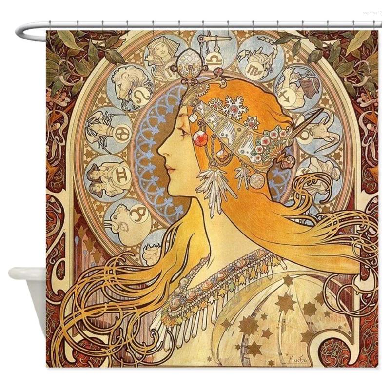 Cortinas de chuveiro Alphonse Mucha Zodiac Art Nouveau Cortina de tecido decorativo