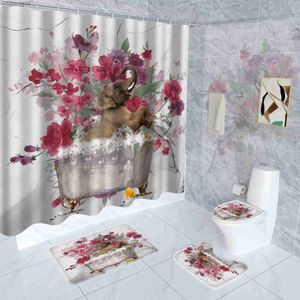 Douche gordijnen dierenolifant spelen met water douchegordijn set 3d print badkamer gordijn set bad mat set vloer mat toilet tapijt home decor r230821