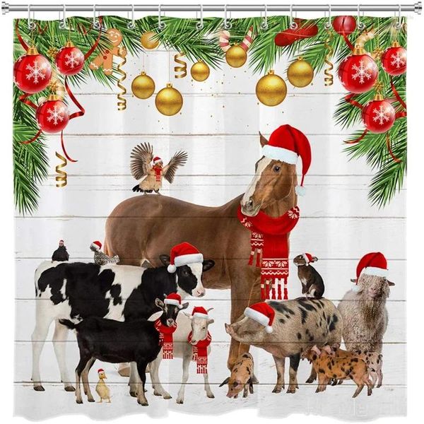 Rideaux de douche Animaux Ferme Cow Horse Pig Christmas Pine Tree Tree de Noël