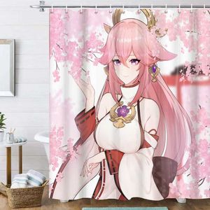 Rideaux de douche rideau de douche de douche genshin impact 3d imprimer du tapis de bain ensemble dessin animé kawaii fille baignoire rideau anime salle de bain