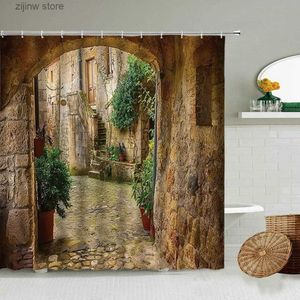 Rideaux de douche Antique mur de pierre maison américaine urbaine rurale vue sur la rue rideau de douche fleur plante verte salle de bain avec crochet écran étanche Y240316