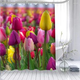Rideaux de douche Arrivée Tulipes Fleur Rideau Polyester Tissu Haute Définition Impression Salle De Bain Étanche 12 Crochet Bain