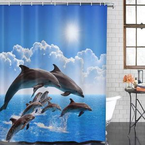 Cortinas de ducha, juego de cortinas artísticas, delfines saltadores, mar azul, cielo, nubes blancas, hermosa tela de poliéster, decoración de baño lavable