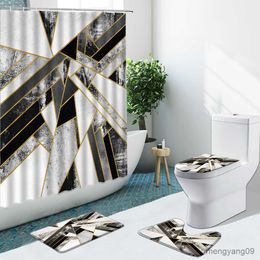 Cortinas de ducha Arte Mármol Raya Geometría Impresión Conjunto de baño Cortina de ducha Alfombras antideslizantes Cubierta de alfombra con alfombra de baño R230830