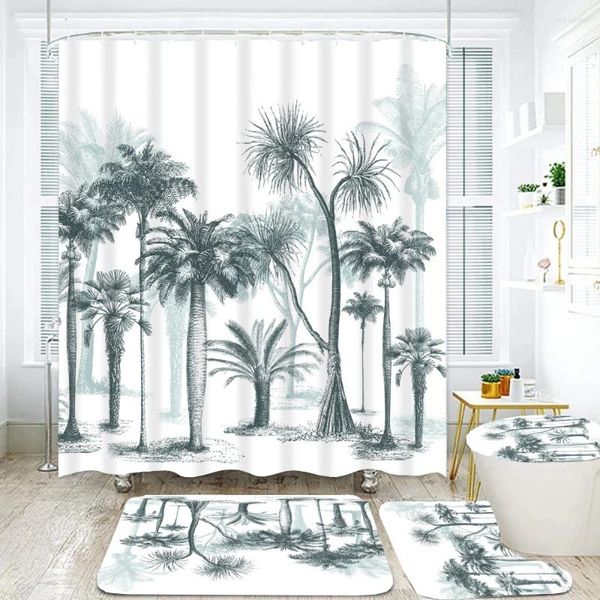 Cortinas de ducha Arte Planta Hoja Palmera Cortina impresa Tela impermeable Conjunto de baño Alfombra de baño Tapa de inodoro Cubierta Alfombra antideslizante