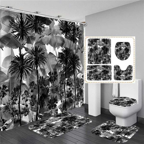 Cortinas de ducha Arte Planta Hoja Árbol Impreso Cortina de ducha Tela impermeable Cortinas de baño Conjunto Alfombra de baño Tapa de inodoro Alfombra antideslizante