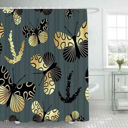 Rideaux de douche artistique paillettes papillon volant or et noir salle de bain Frabic imperméable Polyester rideau de bain avec crochets