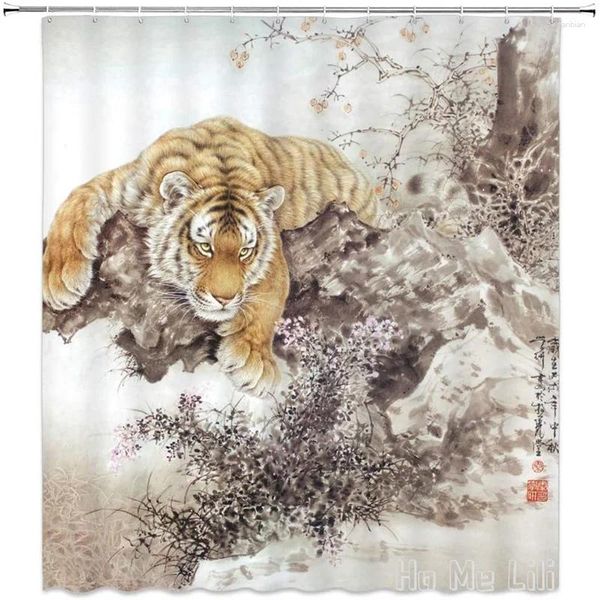 Cortinas de ducha Decoración asiática de Ho Me Lili Tiger Animal salvaje Chino Famto Tinta Pintura Arte Decoración de baño Antiguo