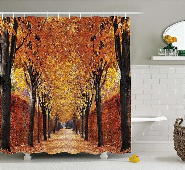 Rideaux de douche Automne Rideau Voie dans les bois Couvert de feuilles d'arbres à feuilles caduques séchées Romantique Saison d'automne Tissu Tissu Chauve-souris