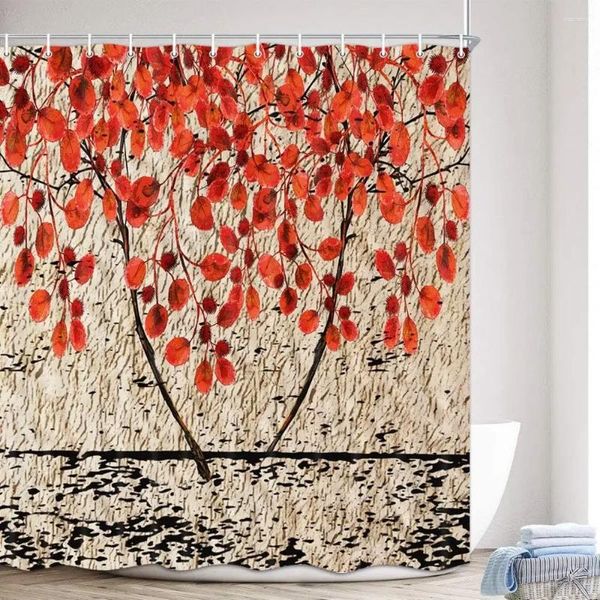 Rideaux de douche Automne Rideau Saison Rouge Feuille Gris Bois Rustique Pays Ferme Mur Art Tissu Salle De Bains Avec Crochet Ensemble