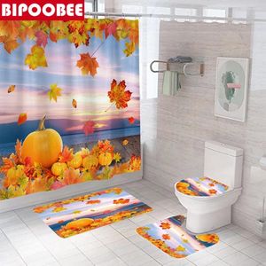 Douchegordijnen herfst oogst pompoen herfstbladeren print gordijn badkamer badmatten tapijten deksel toiletkap niet-slip tapijt