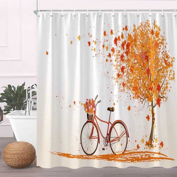 Cortinas de ducha Paisaje de otoño Cortinas de ducha Árbol de arce Hoja de arce Planta de bicicleta Mariposa Pintura de pájaros Decoración de baño Cortina de baño de tela