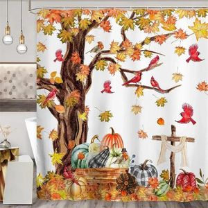 Rideaux de douche Automne Feuilles d'érable Oiseaux rouges Citrouille Ferme rustique Récolte d'automne Rideau de salle de bain Décor Polyester avec crochets