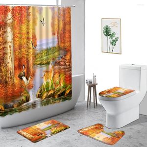 Cortinas de ducha Pintura al óleo de otoño Cortina de paisaje Bosque Torrutor Agua de agua Bird Estampado 3D Juego de baño sin deslizamiento