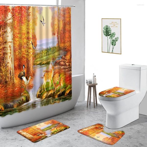Rideaux de douche à huile d'huile paysage rideau forêt ruisseau elk oiseau 3d Impression de salle de bain ensemble tapis de bain sans glissement