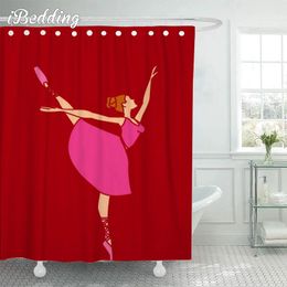 Rideaux de douche Ballet Dancer Rideau rose 3D imprimé dessin animé salle de bain imperméable avec crochets bain pour la décoration