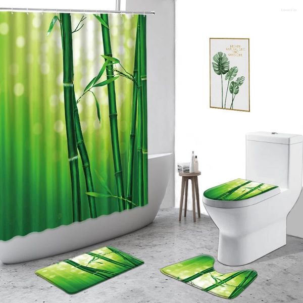 Cortinas de ducha Cortina de bambú Plantas verdes Impresión Decoración de baño Conjunto de decoración de la alfombra no deslizante Pantalla de bañera impermeable