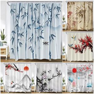 Rideaux de douche rideau en bambou fleurs rouges plante lotus oiseau carpe montagne asiatique encre paysage mur suspendu tissu de salle de bain décoration de salle de bain