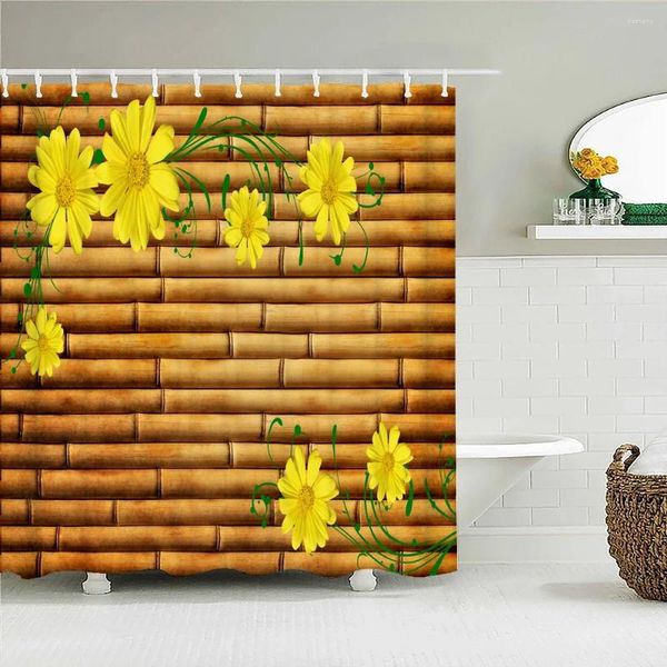 Cortinas de ducha Cortina de flores de planta de bambú Teler de tela Polyéster Baño con ganchos Decoración del hogar 180 180cm