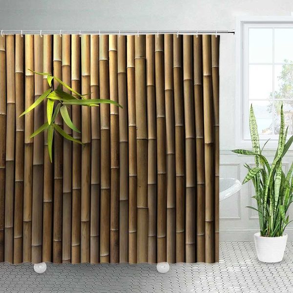 Cortinas de ducha con estampado de bambú, juego de cortinas de ducha Zen japonesas de primavera, naturaleza, bronceado, decoración del hogar, tela asiática, cortina de baño elegante