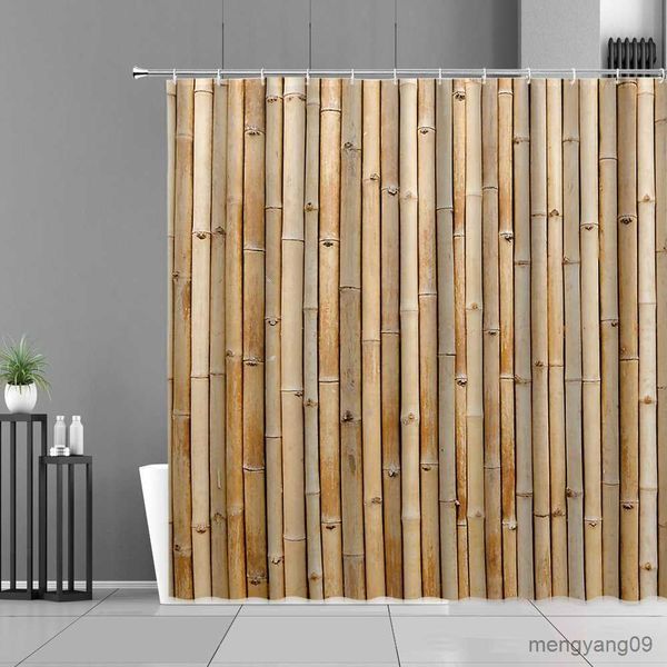 Rideaux de douche Bambou Grain de bois impression rideau de douche rideaux en tissu imperméable écran de salle de bain Style rétro décor à la maison tissus muraux tapisserie R230831