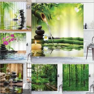 Douchegordijnen Bamboe Zen Gordijn Groen Natuur Bos Steen Spa Kaars Zomer Tropische Orchidee Badkamer Decor Met Haak Set