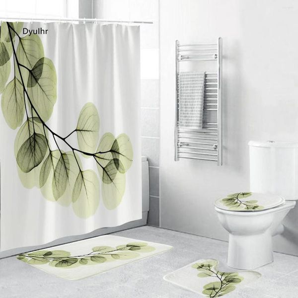 Cortinas de ducha, accesorios de baño, cortina de rama de hoja verde minimalista moderna, alfombra antideslizante, Kit de cojín para asiento de inodoro DyuIhr