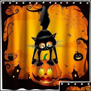 Douchegordijnen Badkamer Aessoires Bad Home Garden Halloween Stof door Ho Me Lili Gordijn voor Enge Black Cat Catching Pumpkin Printed Ch